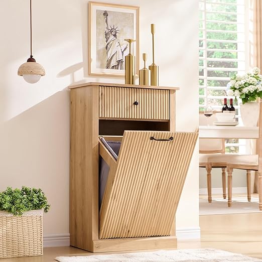 Modern Tilt-Out Trash Can Cabinet, 10 Gallon Fluted Laundry Hamper Cabinet with Drawers, Wooden Hidden Garbage Can Cabinet w/Storage Basket, Free Standing for Kitchen & Living Room,Natural Oak-Ruum Studio Home