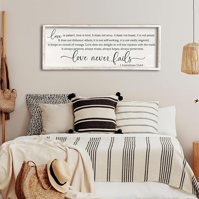 flowtorely Love is Patient, Kind Wall Art Decor 40"X15" Love Never Fails Sign 1 Corinthians 13 Bedroom Above Bed Large Bible Verse Quote Scripture Christianity Hanging Sign (White)-Ruum Studio Home