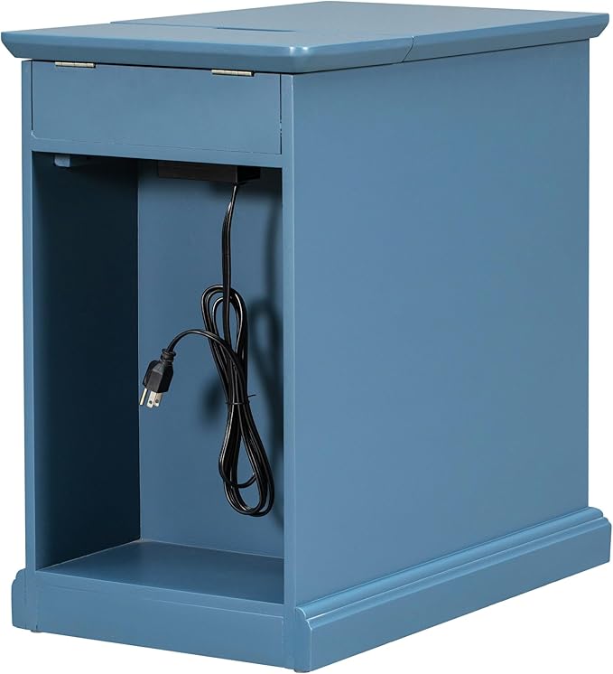 Traditional Wood End Table with Charging Station, Modern Vintage Sofa Chair Side Table Nightstand with Storage & Drawer for Living Room Bedroom, No Assembly, Antique Navy-Ruum Studio Home