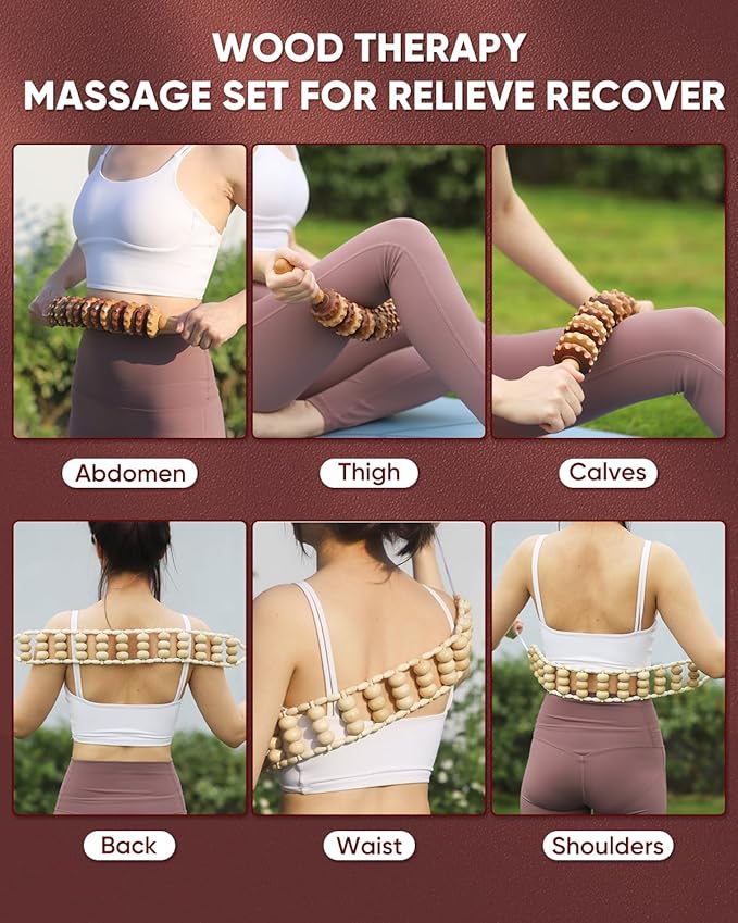 ONUEMP 2PCS Wood Therapy Massage Tools, Wooden Massage Roller Stick & Back Massager Roller Rope, Maderoterapia Kit Colombiana for Lymphatic Drainage, Anti Cellulite, Body Sculpting, Ease Deep Tissue-Ruum Studio Home