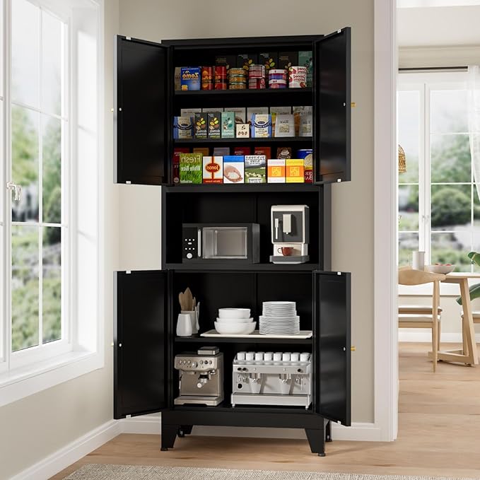 69" Tall Kitchen Pantry Cabinet, Metal Storage Cabinet with 4 Doors and Adjustbale Shelves, Freestanding Cupboards for Dining Room, Living Room, Bathroom-Ruum Studio Home