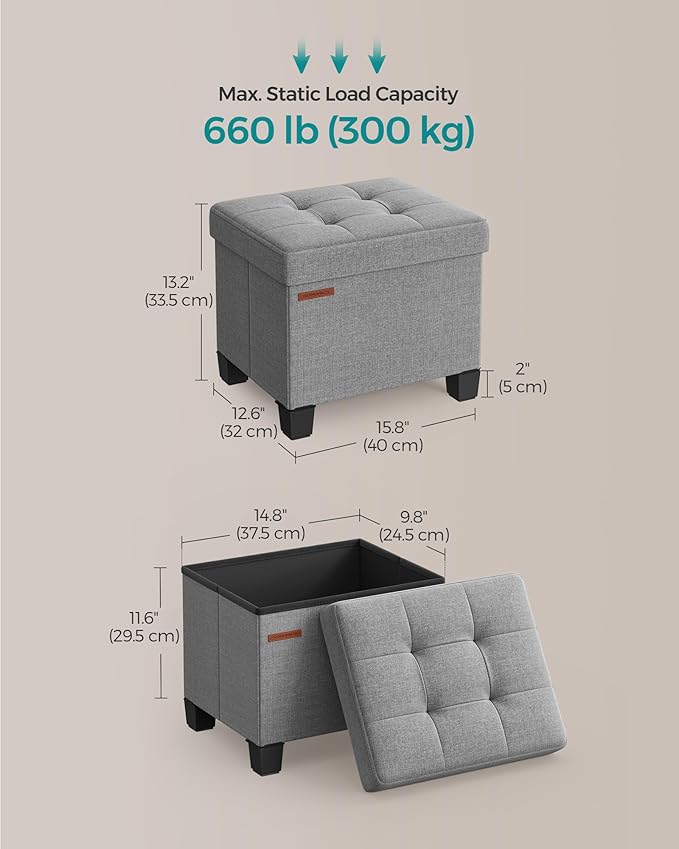 SONGMICS Storage Ottoman, Small Ottoman Foot Rest with Legs, 12.6 x 15.8 x 13.2 Inches Foot Stool, Load up to 660 lb, for Living Room, Bedroom, Dorm, Dove Gray ULSF012G02-Ruum Studio Home
