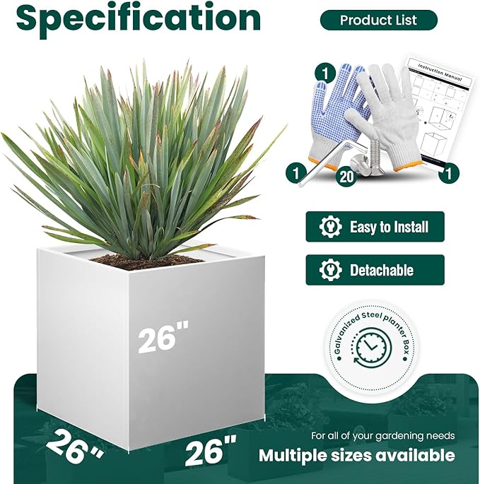 White Steel Planter Square Outdoor Planters Galvanized Steel Planter Box Indoor Metal Large Planters Cube Heavy Duty Flower Pot 26 Inch Modern Commercial Residential for Trees Patio Deck Yard Garden-Ruum Studio Home