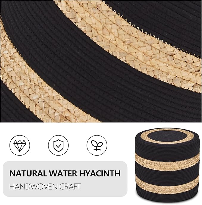 Wimarsbon 18'' Ottoman Pouf, Natural Braided Poof, Rustic Handweave Lounge Pouffe, Boho Footrest Stool for Bedroom, Accent Table or Seat for Living Room (Natural Water Hyacinth + Black Cotton Rope)-Ruum Studio Home
