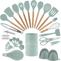 Country Kitchen Non Stick Silicone Utensil Set with Rounded Wood Handles for Cooking and Baking, 38 Piece Set, Mint-Ruum Studio Home