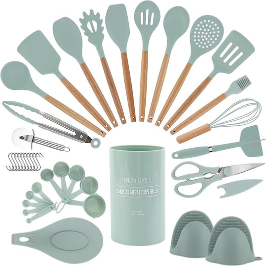 Country Kitchen Non Stick Silicone Utensil Set with Rounded Wood Handles for Cooking and Baking, 38 Piece Set, Mint-Ruum Studio Home