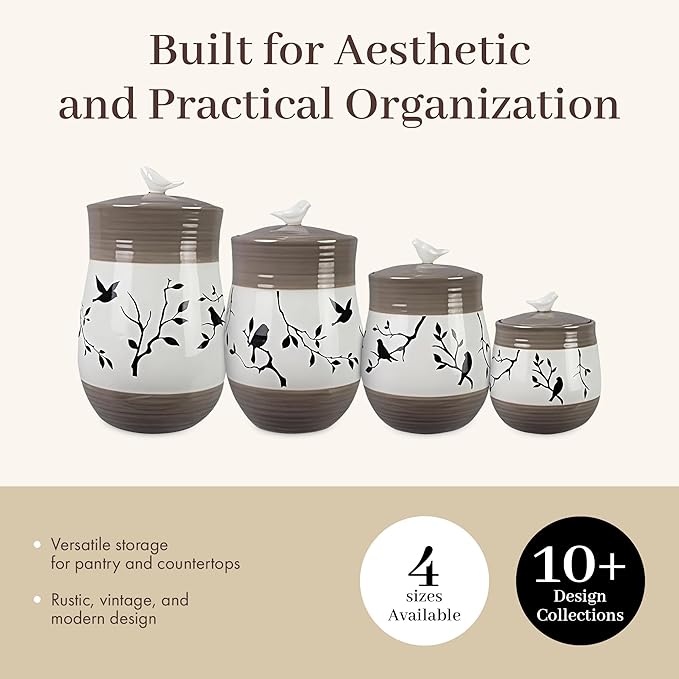 Young's Inc. 4 Pcs Set Botanical Ceramic Canisters- Storage Container for Kitchen and Bathroom - Beautiful Home Decor Accent to Store Food, Coffee, Tea, and More - Brown, White-Ruum Studio Home