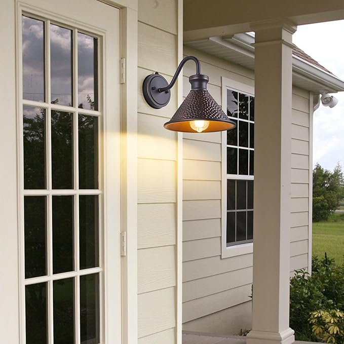 Dusk to Dawn Outdoor Gooseneck Wall Sconce with Dark Sky Cast Hammered Aluminum Shade in Oil Rubbed Bronze Finish,Anti-Rust Waterproof Outdoor Light for Farmhouse Porch Garage,1-Light E26-Ruum Studio Home