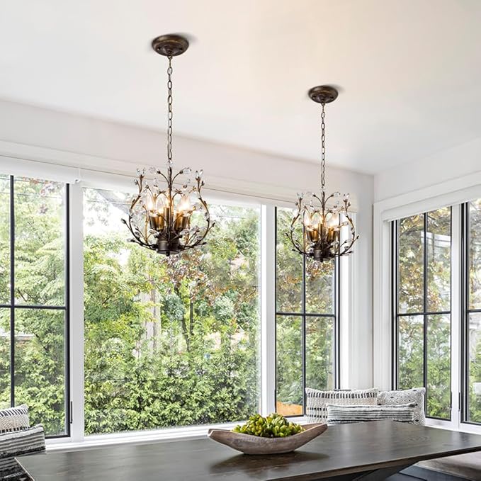 5-Light Vintage Crystal Branch Chandelier Farmhouse Hanging Pendant Light Fixtures for Living Room Dining Room Foyer Kitchen Island Hallway, Aged Bronze-Ruum Studio Home