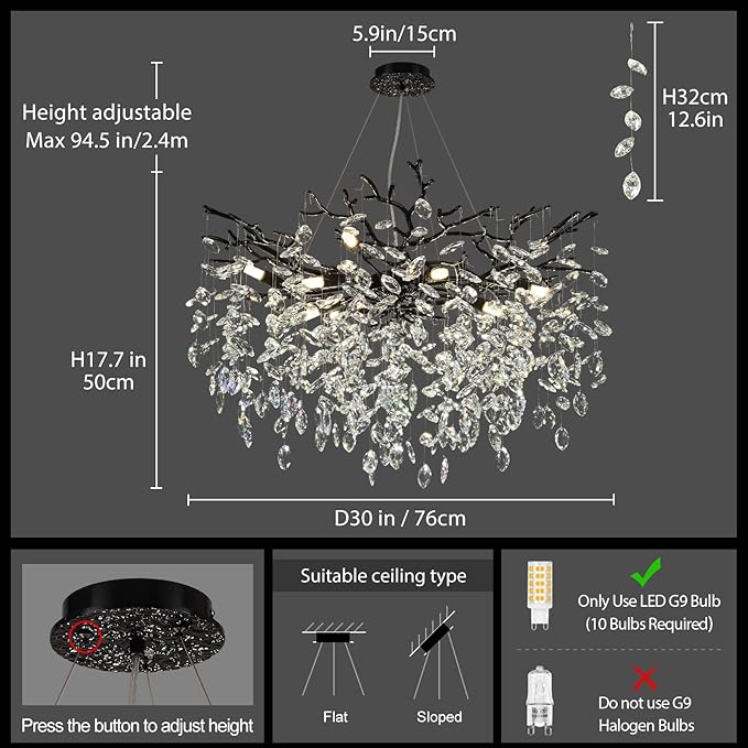 Modern Black Crystal Tree Branch Chandelier, 10-Light 30" Black K9 Crystal Chandeliers for Dining Room, Round Chandelier for Living Room,High Ceiling,Kitchen Island,Foyer,Staircase-Ruum Studio Home
