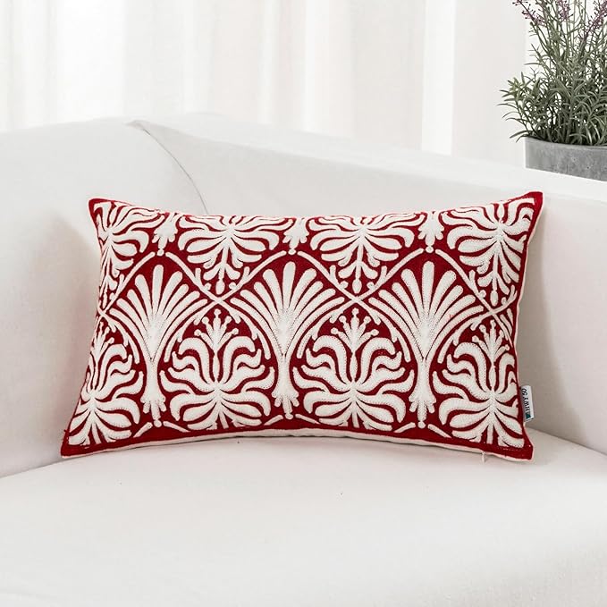 HWY 50 Burgundy Red Decorative Lumbar Pillow Cover Rectangle 12x20 Inch (1 Piece), Embroidered Cotton Farmhouse Cushion Cover Pillow Case for Sofa Couch Living Room Bed, Minimalist Floral-Ruum Studio Home