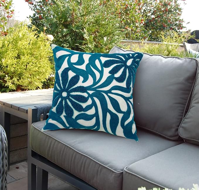 Alysheer Farmhouse Floral Leaves Embroidered Decorative Throw Pillow Cover 18x18 inches, Boho Tufted Flowers Embroidery Pattern Chic Cotton Cushion Case for Couch Bed Sofa Living Room(Teal Blue)-Ruum Studio Home