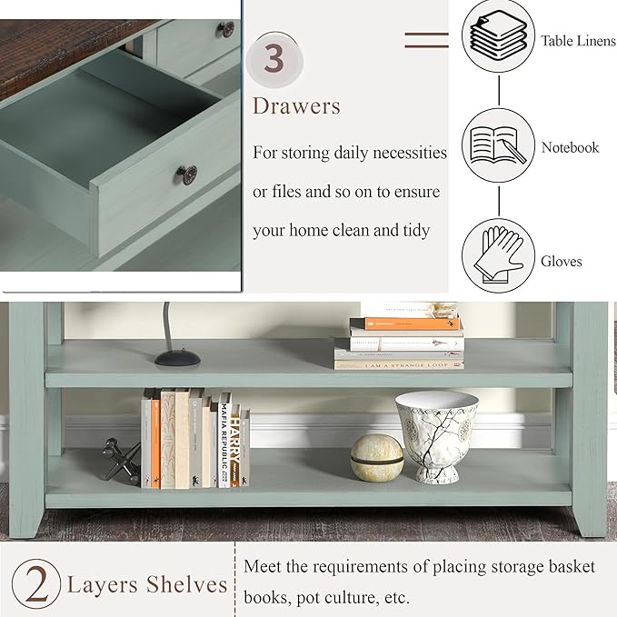 Solid Wood Console Table Sofa Table with Storage Drawers and Bottom Shelf Entryway Table for Entry Hallway Foyer Sofa Couch Table,Fully Assembled (48.8" Green)-Ruum Studio Home