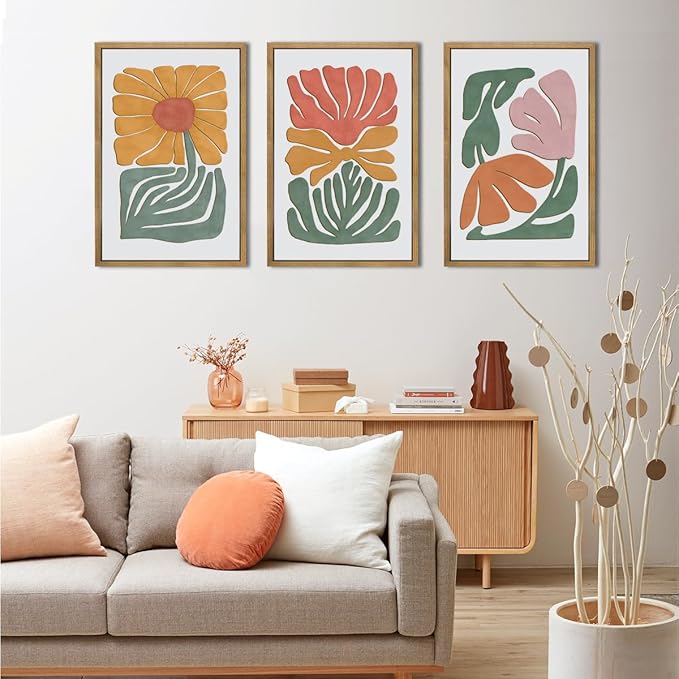 Large Abstract Boho Floral Wall Art Set Colorful Botanical Wood Wall Decor Modern Mid Century Artwork Neutral Bohemian Art Decor for Living Room Bedroom Office-16x24Inch x3-Ruum Studio Home