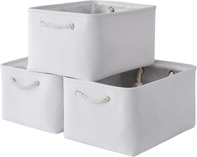 TheWarmHome Storage Basket for Gifts Empty - Large 3 Pack 15.7x11.8x8.2 inch Storage Basket for Organizing with Handles, Canves Storage Bins for Organizer Closet Toy Cubes Gift (White)-Ruum Studio Home