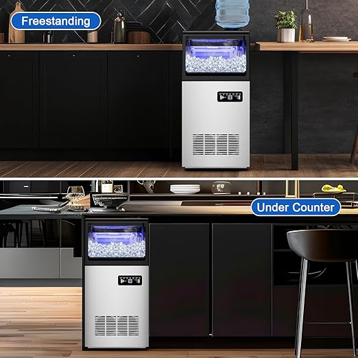 Commercial Ice Maker Machine 130 LBS/24H, 45 Ice Trays Freestanding & Undercounter Ice Machine Stainless Steel with 20 LBS Ice Storage Capacity, Ice Maker with Water Line and Filter, Dual Water Inlet-Ruum Studio Home
