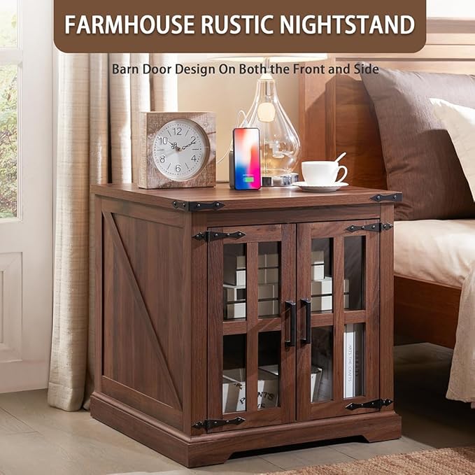 Farmhouse End Table with Charging Station,24" Large Sofa Side Table with Glass Barn Door, Rustic Wood Nightstand Bedside Table with Adjustable Storage Shelf for Living Room, Bedroom, Walnut-Ruum Studio Home