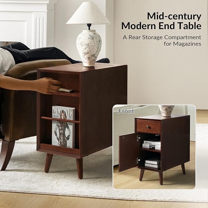 HULALA HOME End Table with Drawer Set of 2, Modern End Table with USB Ports and Outlets, Wooden Side Table with Storage-Walnut-Ruum Studio Home