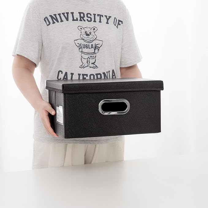 PRANDOM Collapsible Storage Box with Lid [3-Pack] Leather Fabric Foldable Storage Bin Organizer Container Basket Cube with Cover for Home Bedroom Closet Office Nursery Black(13.6x9.6x6.9)-Ruum Studio Home