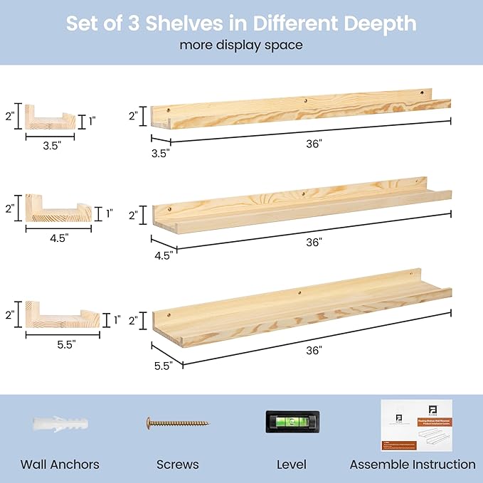 Picture Ledge Shelf for Wall, 36 inches Solid Pine Wood Nursery Book Shelves 3 Packs, Floating Ledge Shelves for Kids' Room Bedroom Bathroom Living Room Photo Frames Office Nursey Wall Decor, Natural-Ruum Studio Home