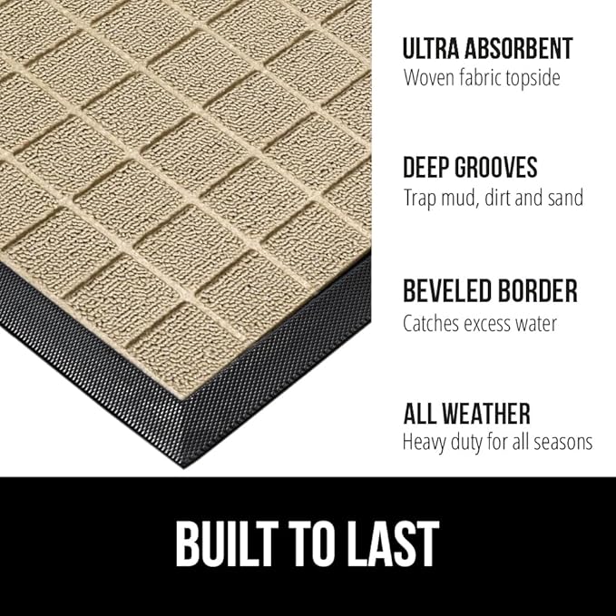 GORILLA GRIP 100% Waterproof All-Season WeatherMax Doormat US Designed Natural Rubber, Stain and Fade Resistant, Low Profile Indoor Outdoor Door Mats, Easy Clean Patio Mat, 17x29, Taupe Grid-Ruum Studio Home