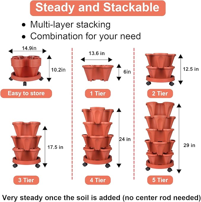 Vertical Planter 5 Tier Stackable Planters Garden Planters Strawberry Herb Flower and Vegetable Planter Indoor Outdoor Gardening Pots with Removable Wheels and Tools-Ruum Studio Home