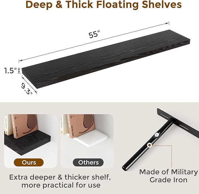 Fun Memories Floating Shelves 55 Inch Set of 2, Black 55 x 9 Wall Shelves for Home Decor Storage, Rustic Wood Floating Shelf for Wall, 9 Inch Deep Shelving for Bathroom, Living Room, Kitchen-Ruum Studio Home