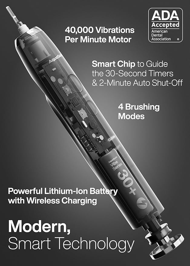 Aquasonic Vibe Series Ultra-Whitening Toothbrush – ADA Accepted Electric Toothbrush - 8 Brush Heads & Travel Case – 40,000 VPM Motor & Wireless Charging - 4 Modes w Smart Timer – Charcoal Metallic-Ruum Studio Home
