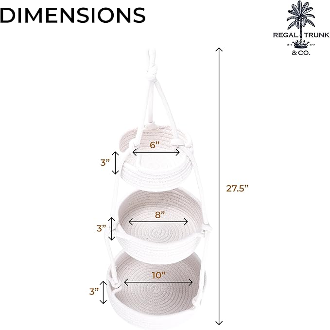 REGAL TRUNK Hanging Fruit Baskets for Kitchen - 3 tiers Fruit Baskets Hanger - Macrame Fruit Hammock - White Boho Wall Decor - Produce and Vegetable Tiered Storage Holder - 3x10x27.5 in-Ruum Studio Home
