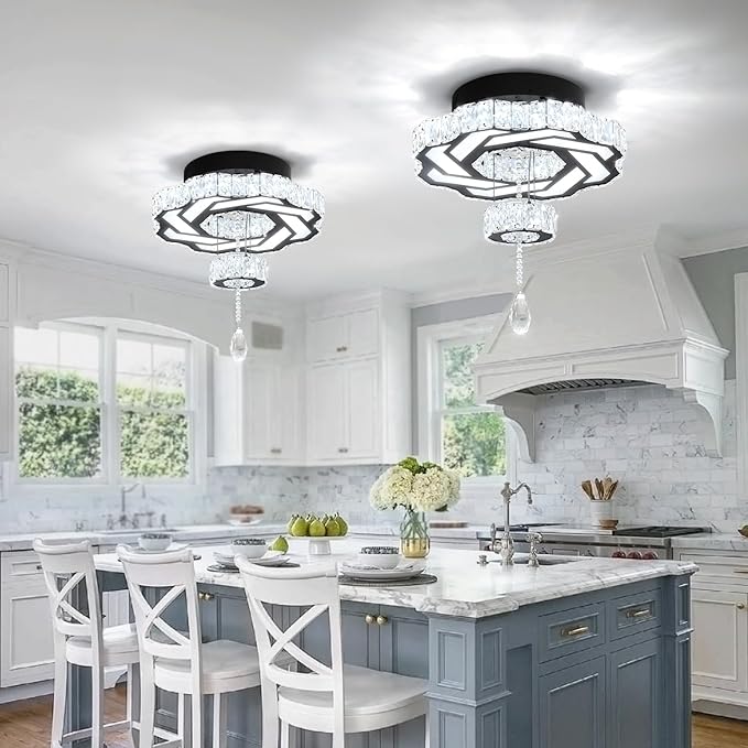 Flashing God 16 Inch Mini Chandelier Modern Crystal Chandeliers Light Semi Flush Mount Ceiling Light Fixture Small Black Chandelier for Bedroom Hallway Kitchen Foyer-Ruum Studio Home