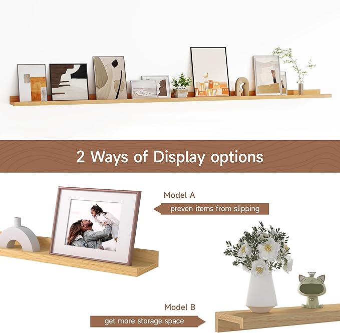 Floating Picture Ledge Shelves for Wall Set of 2, 72 Inches Picture Ledge Shelf with Long Large Nursery Book Shelf for Toys Storage Kids Bookshelf Wall Mounted Living Room Bedroom Decor Frames, Oak-Ruum Studio Home