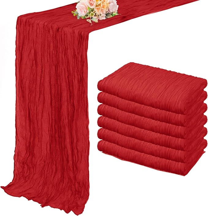 6 Pack Red 10FT Cheesecloth Table Runner Rustic Gauze Fabric Cheese Cloth Table Runner for Wedding Bridal Baby Shower Table Decor Boho Sheer Birthday Party Table Decorations 20 x 120 Inch Long-Ruum Studio Home