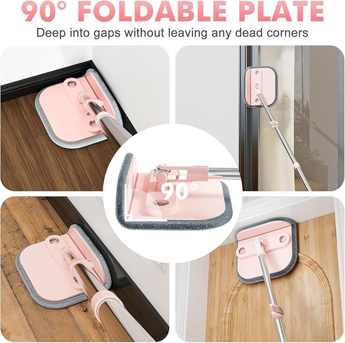 Upgraded Spin Mop and Bucket Set Self-Standing Mop Bucket Separate Dirty and Clean Water System Self Wringing 360° Rotating 90° Foldabl Mops and Buckets for Floor Cleaning (Pink, 6Pads)-Ruum Studio Home