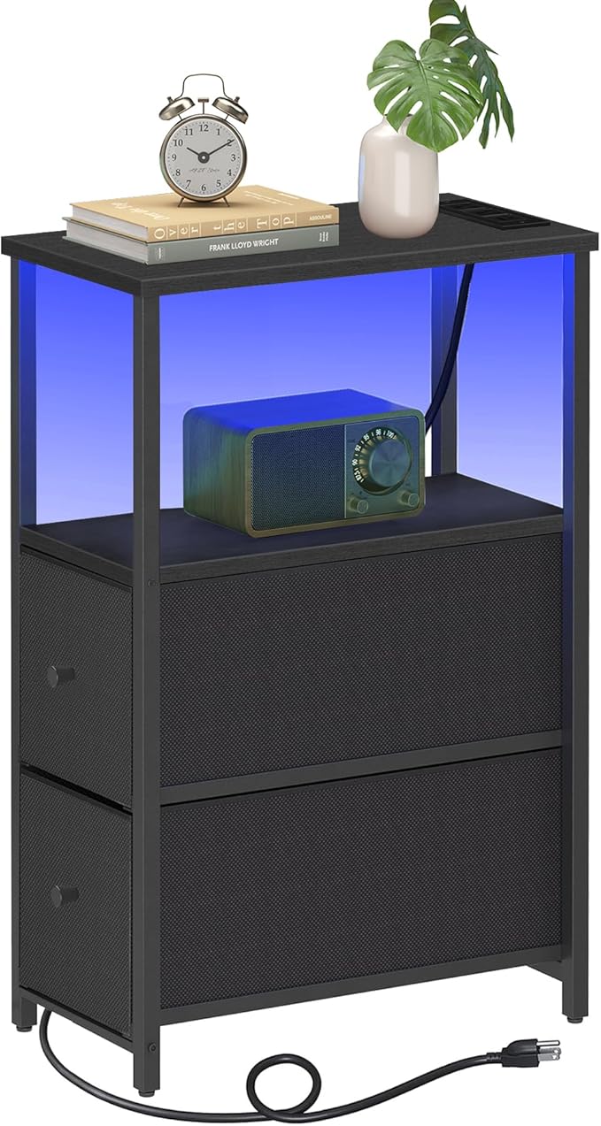 TUTOTAK Small Narrow LED End Table with Charging Station, Side Table Outlets, Nightstand with 2 Cloth Drawers, Couch Table, for Living Room, Bedroom, Bedside, Black TB01BK085L-Ruum Studio Home