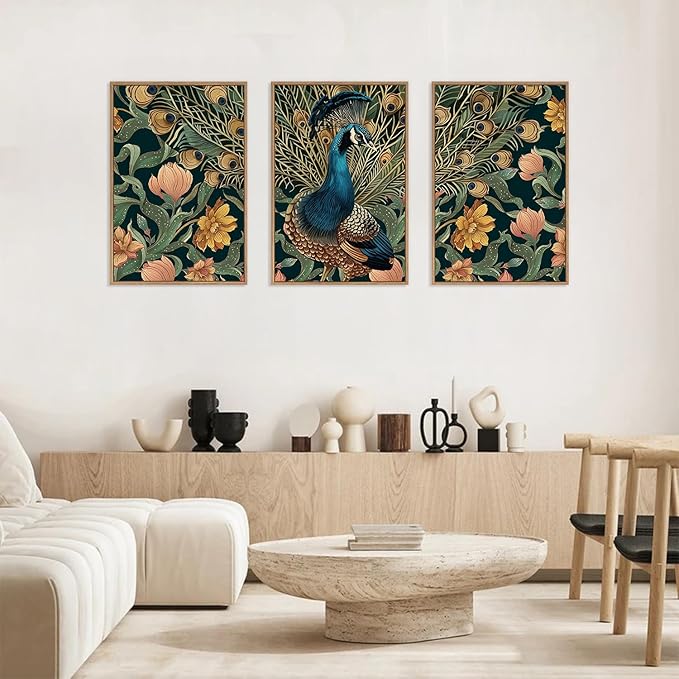 HLNIUC Peacock Framed Canvas Wall Art,Large Peacock Flower Wall Decor Set of 3(16”x24”)Modern Elegance Peacocks Floral Framed Painting,Vintage Beautiful Animal Feather Art Print for Living Room,Office-Ruum Studio Home