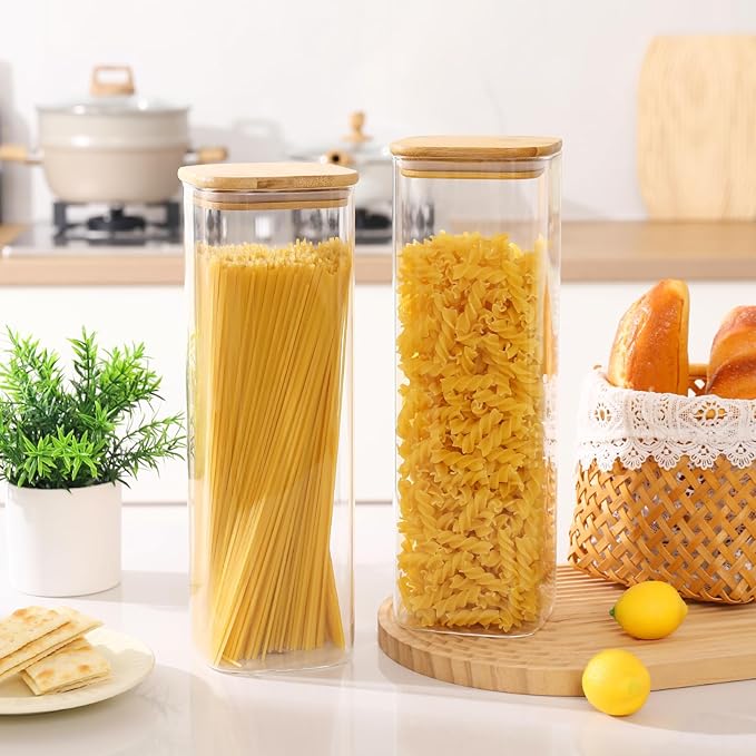 Glass Food Storage Jars with Lids(76oz)Square Set of 3 ,Glass Storage Containers Clear Glass Food Canister with Bamboo Lid Airtight For Serving Tea, Coffee Beans, Flour,Cookie, Cereal,Spice and More-Ruum Studio Home