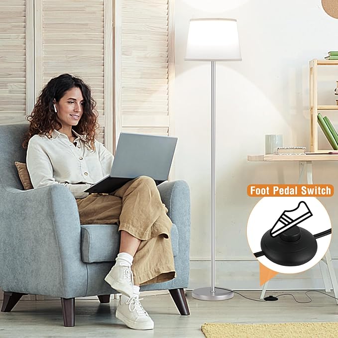 【Upgraded】Floor Lamps for Living Room, Modern Floor Lamp with Remote Control, Dimmable Colors Temperature Standing Lamp Foot Switch, 9W Bulb Tall Lamps for Bedroom Office Kid Room - Silver-Ruum Studio Home