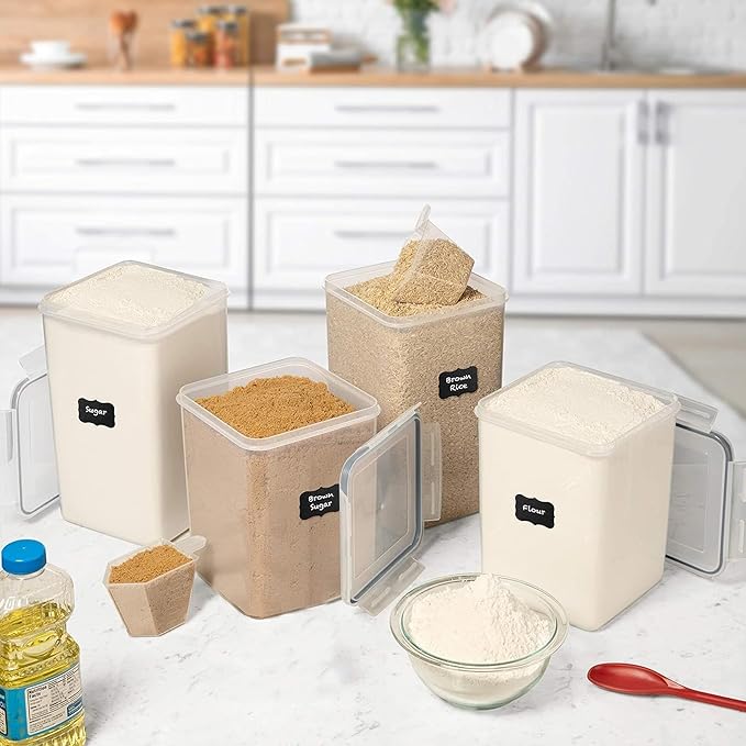 WHITE FEATHER SUPPLIES 4 Pc Flour Sugar Storage Container, Large Food Storage Containers with Lids Airtight for Kitchen, BPA Free Plastic Cereal Containers Storage [2 X 6.5 + 2 X 5.2] 4 Measuring Cup-Ruum Studio Home