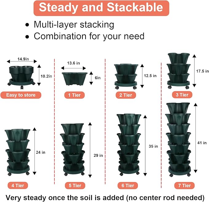 Vertical Planter 7 Tier Stackable Planters Garden Planters Strawberry Herb Flower and Vegetable Planter Indoor Outdoor Gardening Pots with Removable Wheels and Tools 2-Pack-Ruum Studio Home