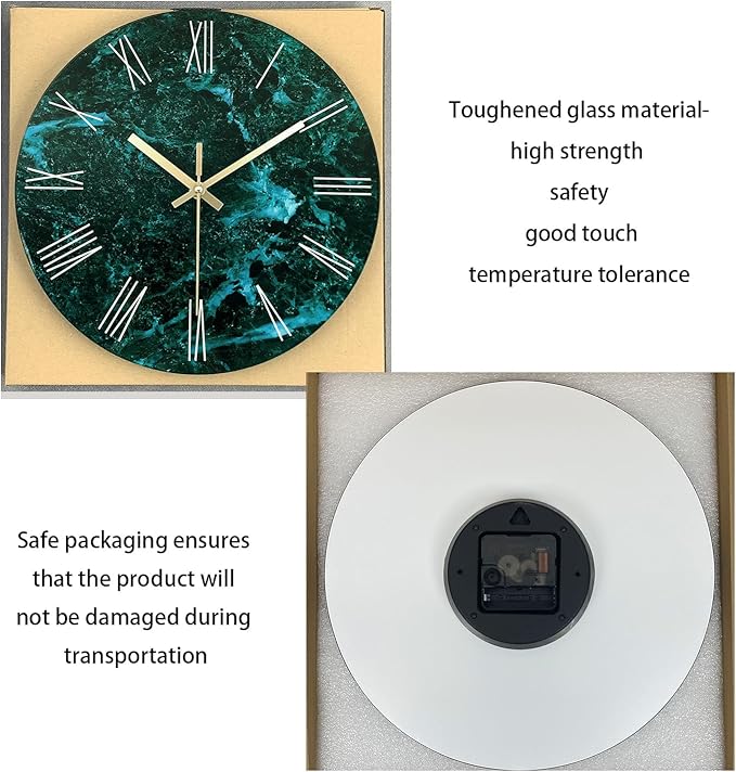 Teal Wall Clock Battery Operated 14 Inch Modern Abstract Clocks for Living Room Decor Marble Pattern Glass Analog Wall Clock Silent-Ruum Studio Home