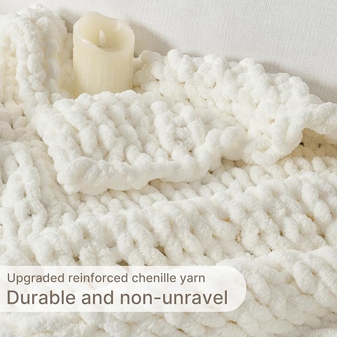 Chunky Knit Blanket Throw, 100% Hand Knit Throw Blanket Handmade Chenille Cable Knit Throw for Couch, Stylish Cozy Soft Rope Knot Crochet Blanket for Home Decor, Ivory, 40x50 Inches-Ruum Studio Home