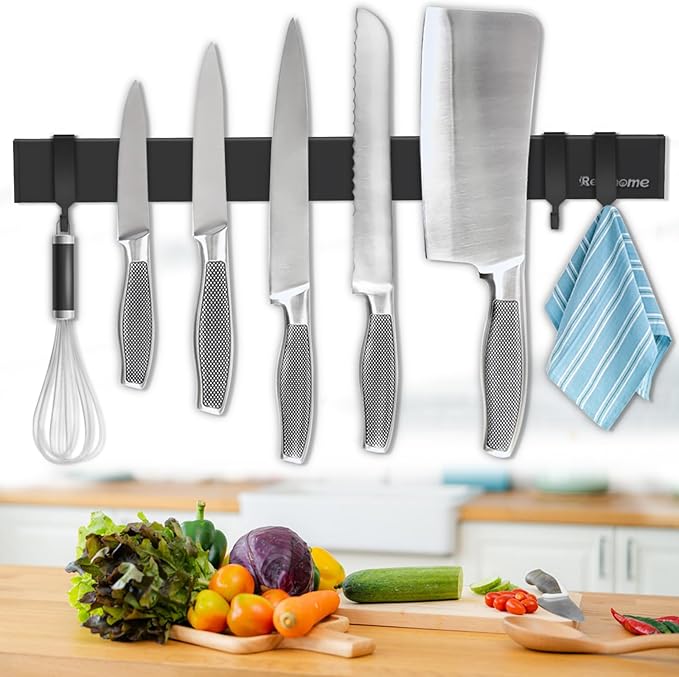 Magnetic Knife Holder for Wall 17 Inch, No Drilling black knife magnetic strip with 3 Hooks, Strong Magnet Knife Holder strip, Magnetic Knife Rack Bar for Kitchen Knives and Tools-Ruum Studio Home