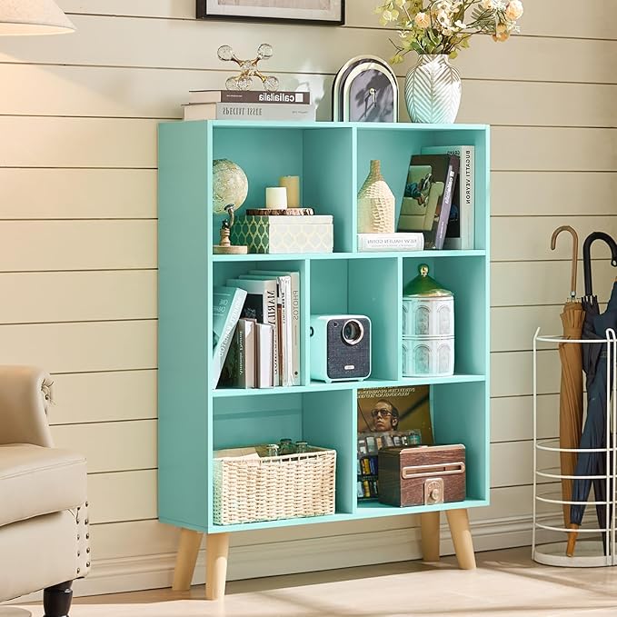 LEYAOYAO 7 Cube Bookshelf 3-Tier Bookcase with Legs, Mint-Green Kids Book Shelf Cute Storage Organizer, Toy Shelves Bookshelves,Wood Display Bookcases-Ruum Studio Home