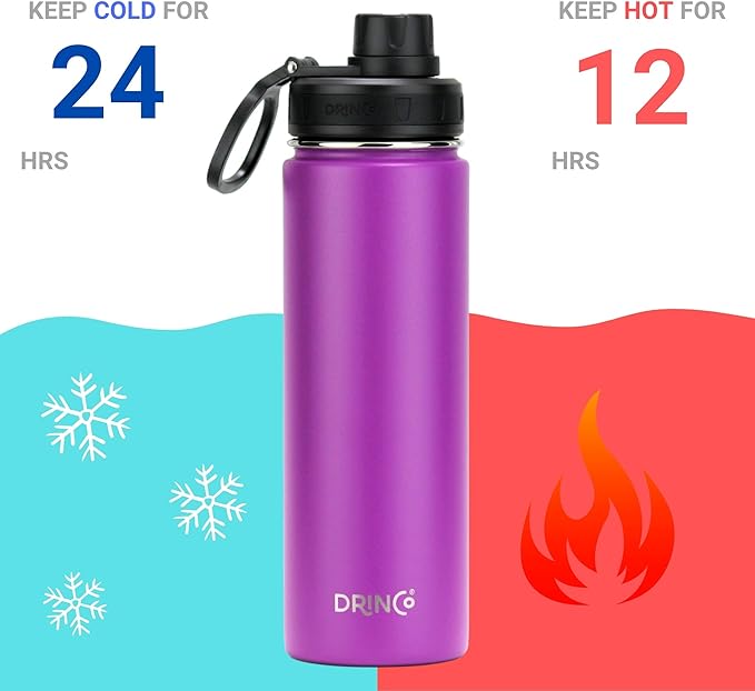 DRINCO Stainless Steel Water Bottle Spout Lid Vacuum Insulated Double Wall Water Bottle Wide Mouth (40oz 32oz 22oz 18oz 14oz) Leak Proof Keep Cold Sport Camping Hiking (22 oz, 22oz Purple)-Ruum Studio Home