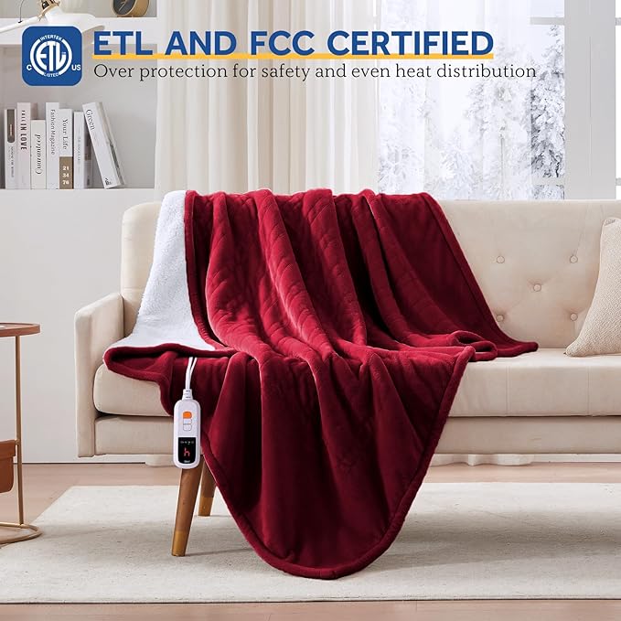 Sealy Electric Blanket Throw Size 50"*60",Super Cozy Flannel to Sherpa Reversible Heated Blanket Throw with 6 Heating Levels & 2-10 Hours Auto Off Overheating Protection Machine Washable,Red-Ruum Studio Home