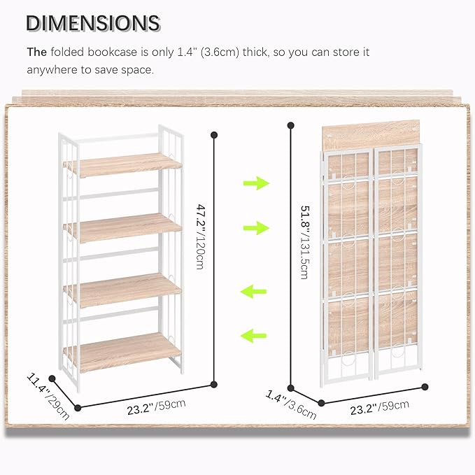4NM No Assembly 4 Tiers Folding Bookshelf, 47.2" H Foldable Storage Shelves Vintage Bookcase Standing Racks Study Organizer Home Office - Natural White-Ruum Studio Home