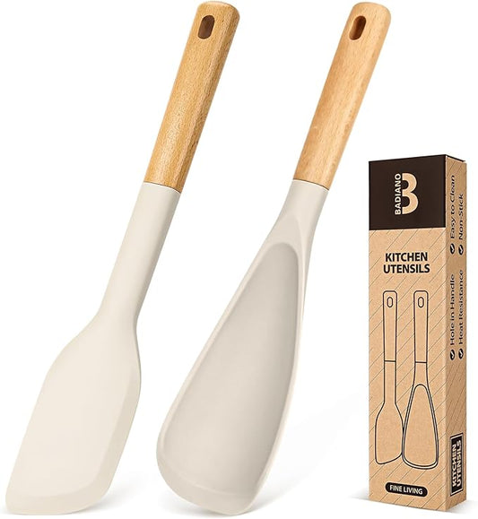 Cooking Spoon and Scraper for Nonstick Cookwares, Great for Cooking and Serving Durable BPA-Free Matte Silicone, Wood Handle Multifunction Spoon for Mixing, Scoop, and Scrape (KHAKI)-Ruum Studio Home