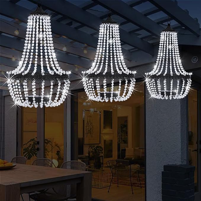 Hanging Solar Chandelier Outdoor, 30 Cool White Lights Acrylic Clear Beaded Chandelier with S Hooks Modern Lantern for Garden Yard Patio Gazebo Decorations, 28”H-Ruum Studio Home