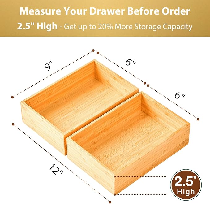 Umilife Bamboo Kitchen Drawer Organizer, Extra High Silverware Tray, Flatware Cutlery Storage Box, Multi-Use Holder in Office, Bathroom, Pantry - 9"x6"x2.5" (Set of 2)-Ruum Studio Home
