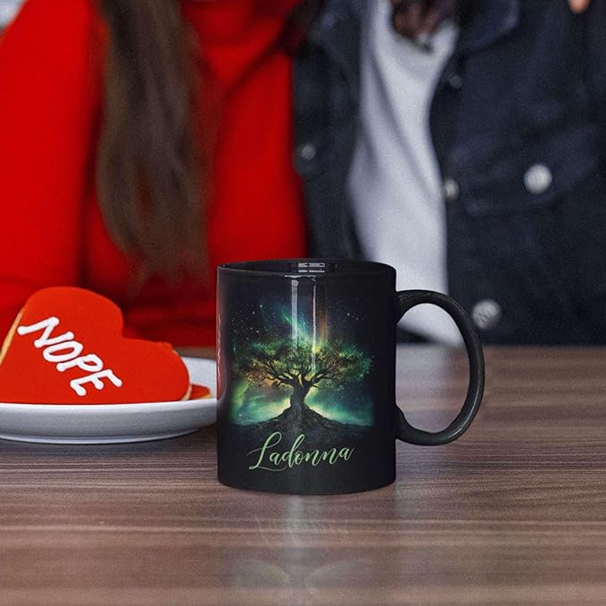 Custom Unique Name Coffee Cup, Customized Mystical Nature Inspired Mug 11oz 15oz, Personalized Enchanted Tree With Northern Lights Ceramic Cup, Nature Black Mug, Gift For Women Men-Ruum Studio Home